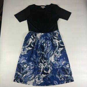 Coldwater Creek Shift Dress Womens 6 Black Blue Floral‎ Pleated Short Sleeve